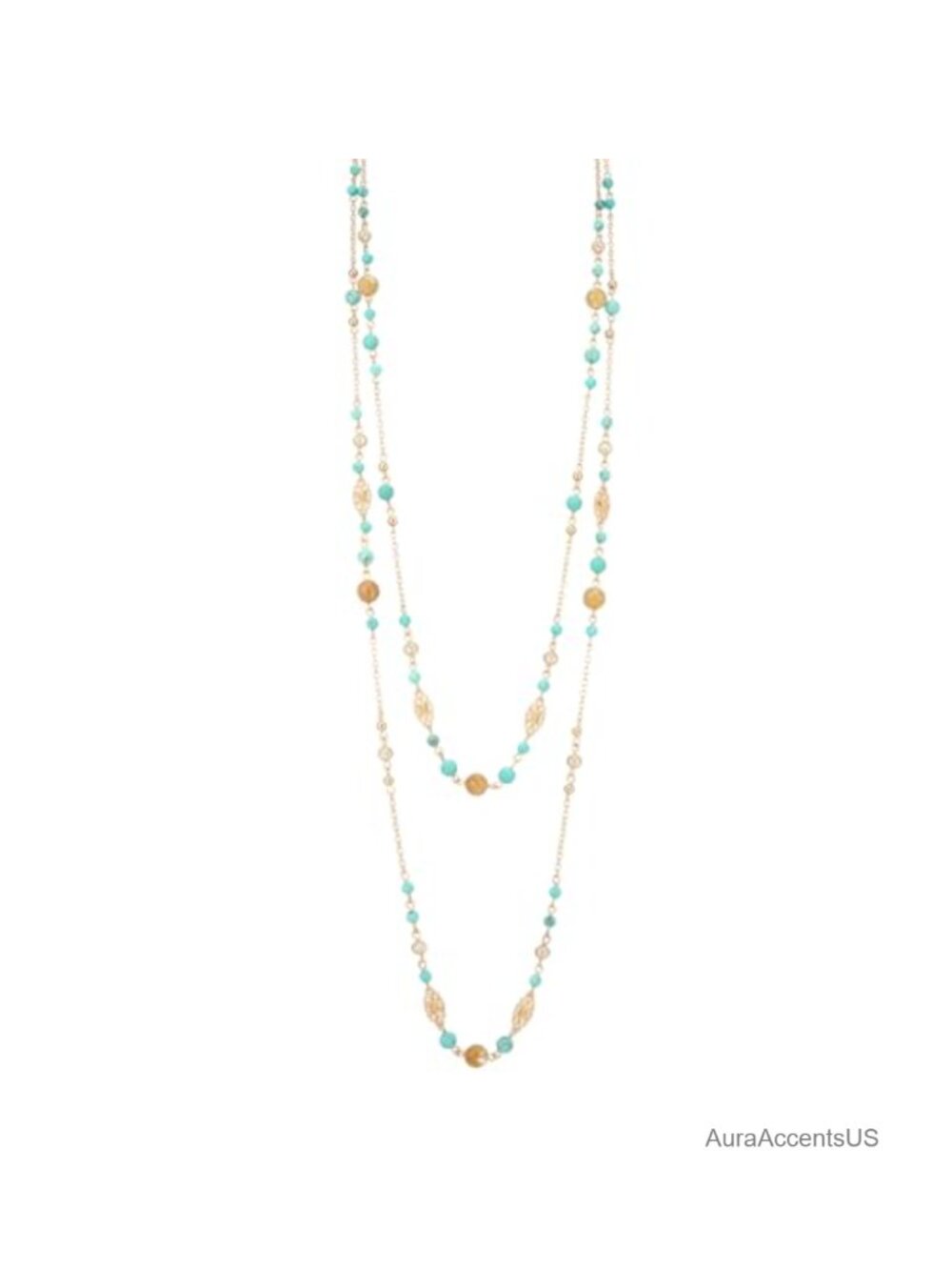 Gold Plated Layered Long Necklace Natural Stone Beaded Double Strand Statement